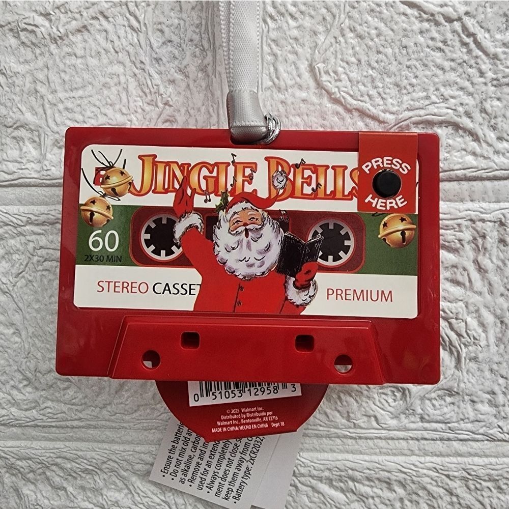 Mr. Christmas Retro Santa Cassette Musical Ornament, Red, Plays Jingle Bells New